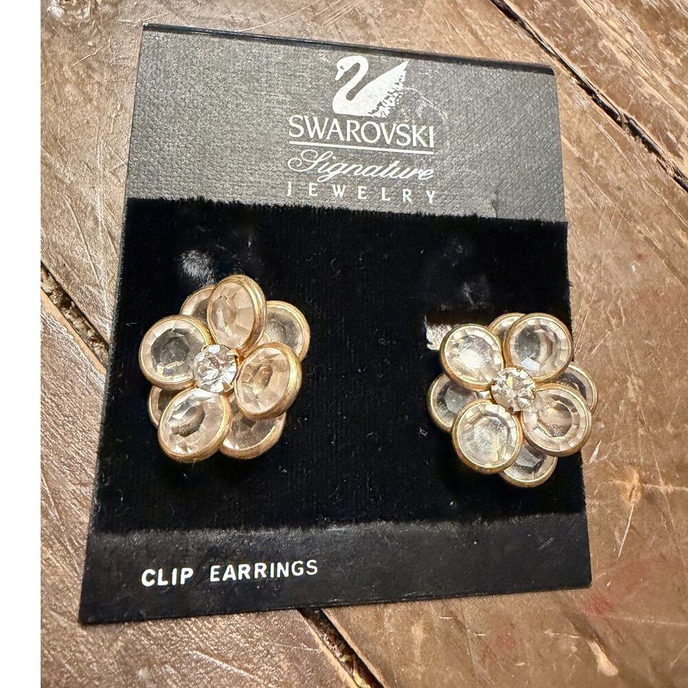 Vintage Swarovski Signature Crystal Flower Earrings Gold Tone Clip On Repair